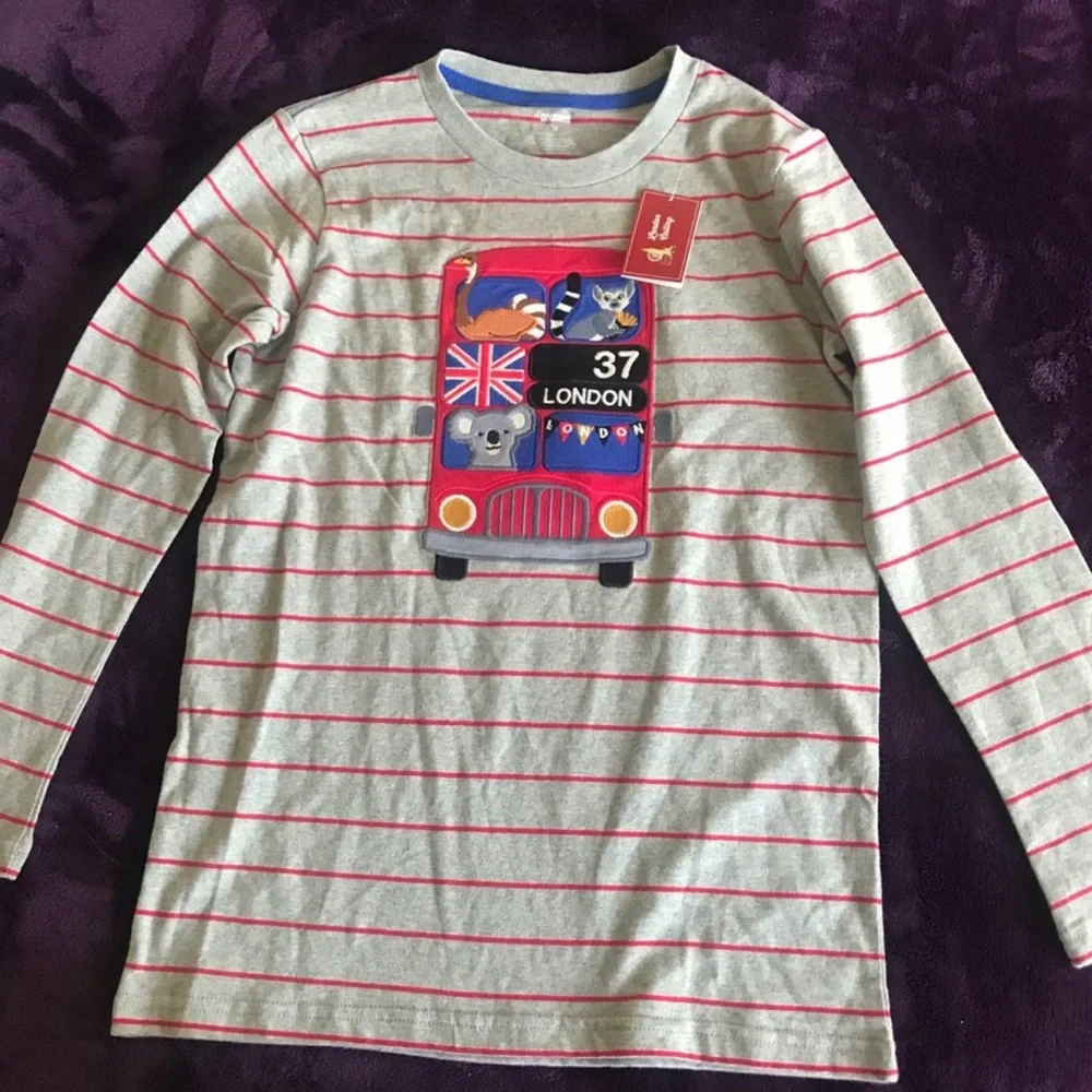 Kids Long Sleeve Grey & Pink Striped Top with London Bus Graphic NWT Size 12